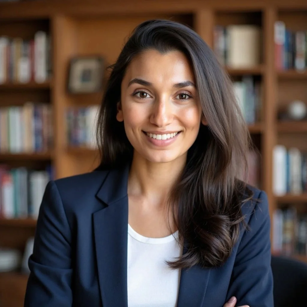 Portrait of a smiling woman with long dark hair, wearing a navy blazer and white top, in front of a bookshelf filled with books.