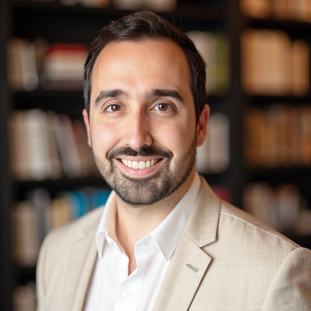 A smiling man with dark hair and a beard wearing a beige blazer and white shirt, standing in front of a bookshelf filled with books.