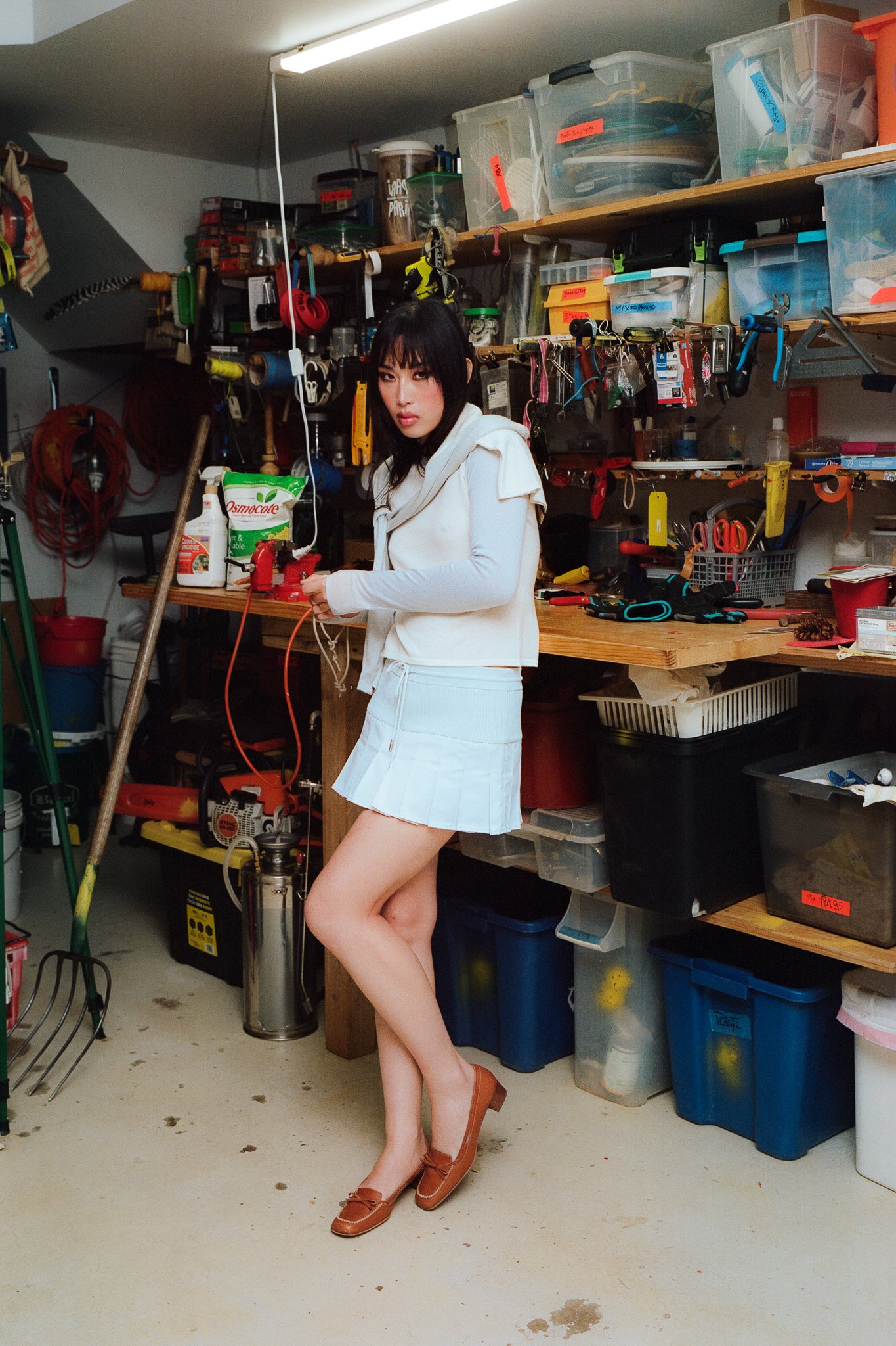 baseball tee sweater with mini pleated skirt