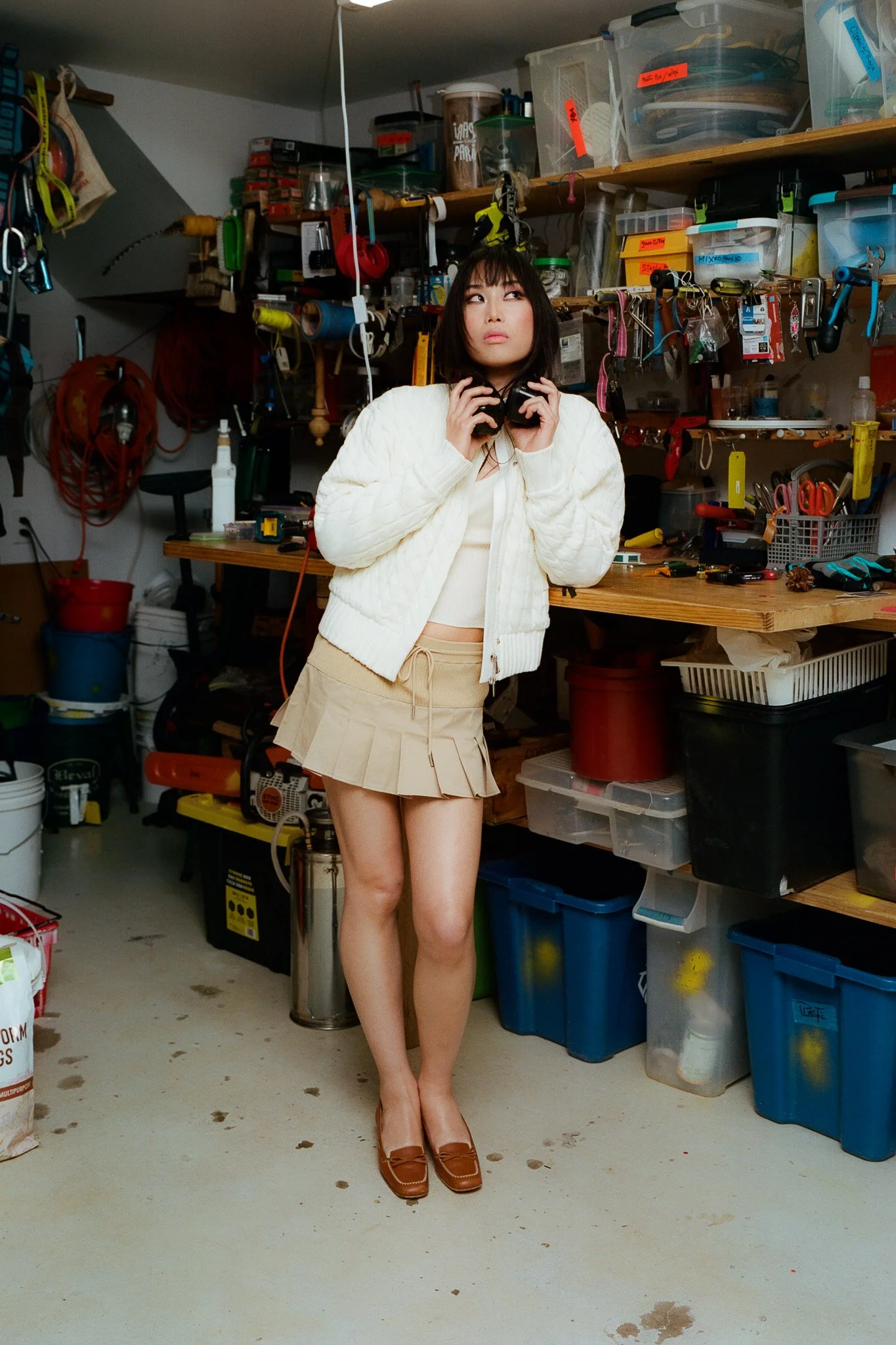 cable knit jacket with reversible tank and mini skirt