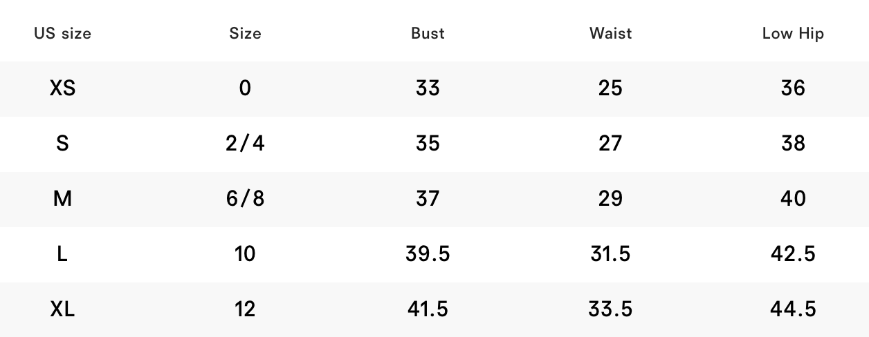 Clothing size chart showing US sizes XS to XL with measurements for bust, waist, and low hip.