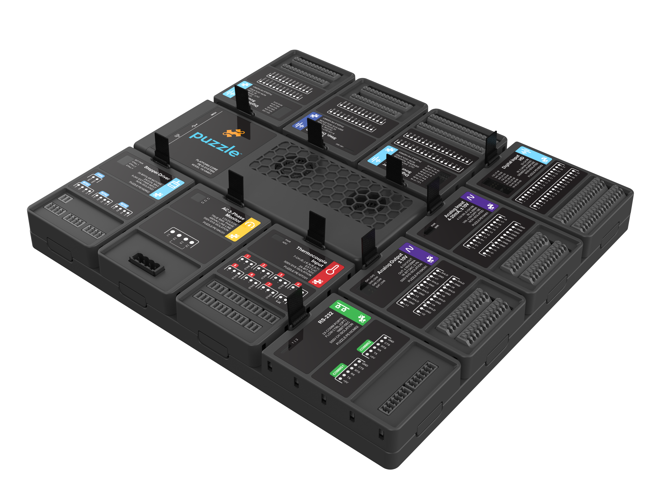 Close-up of a Puzzle machine controls platform, development-to-production platform, custom PCB, firmware development. One machine controls platform from development through production