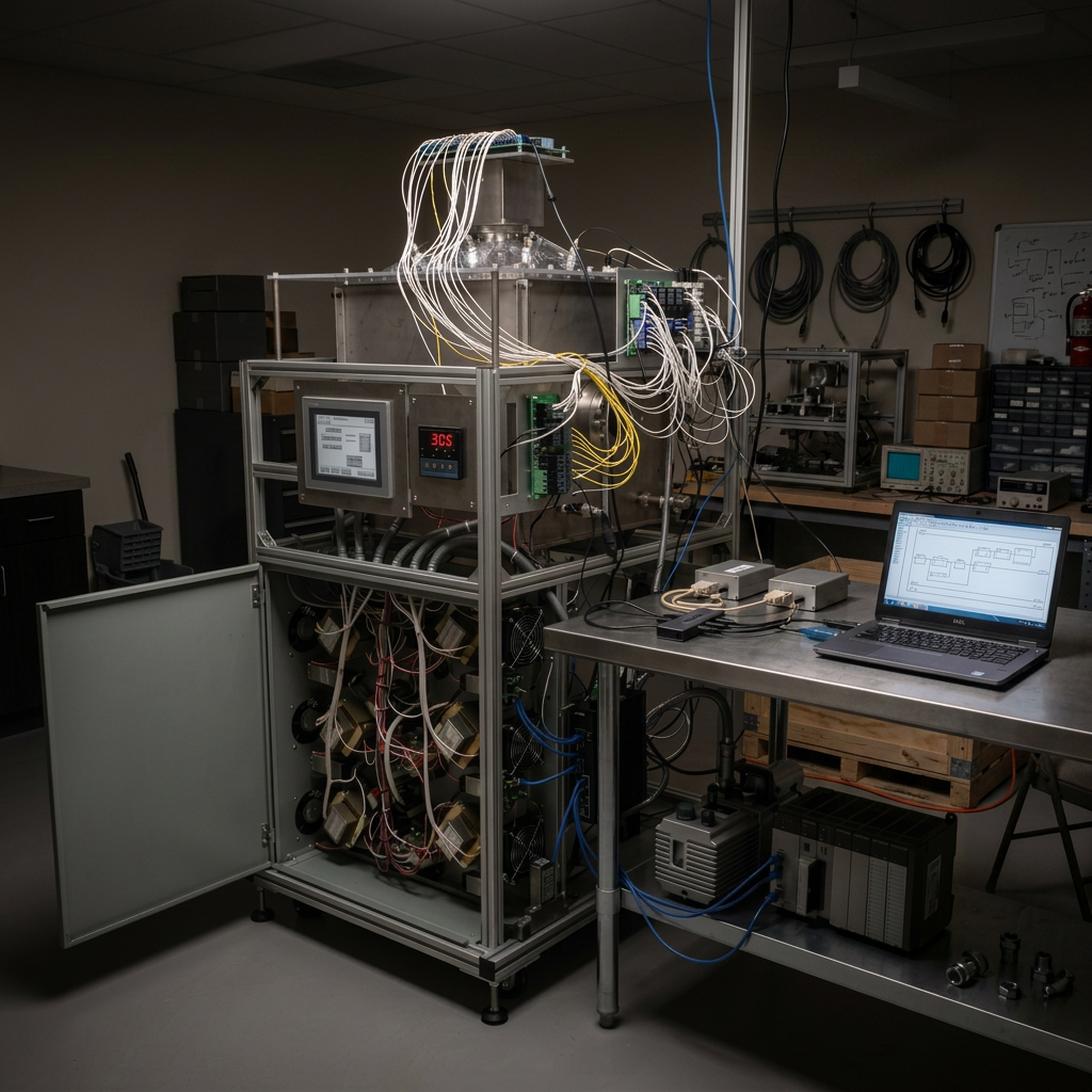 A laboratory setup with a complex hardware solution. Embedded machine controls, hardware, firmware, PLCs, development to production, I/O modules, production board