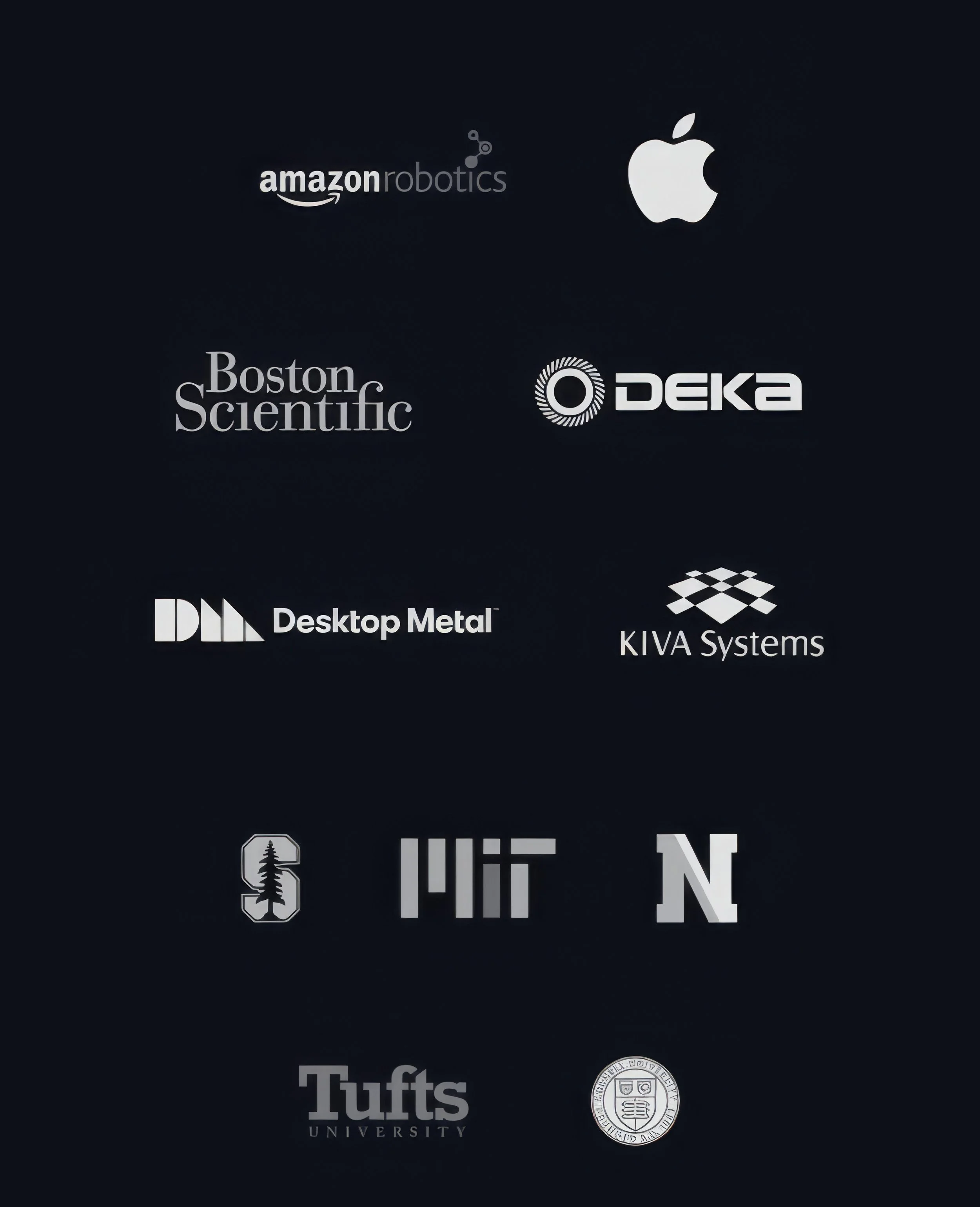 College logos on a dark background, including Amazon Robotics, Apple, Boston Scientific, Deka, Duquesne University, and KIVA Systems.