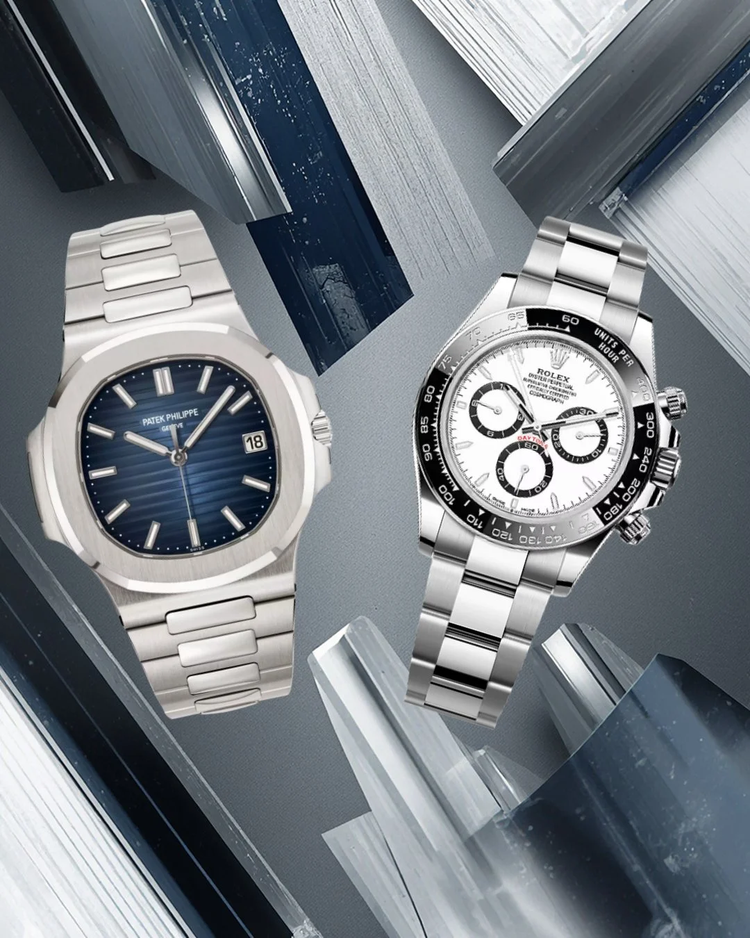 Patek Philippe Nautilus blue dial and Rolex Daytona panda dial comparison