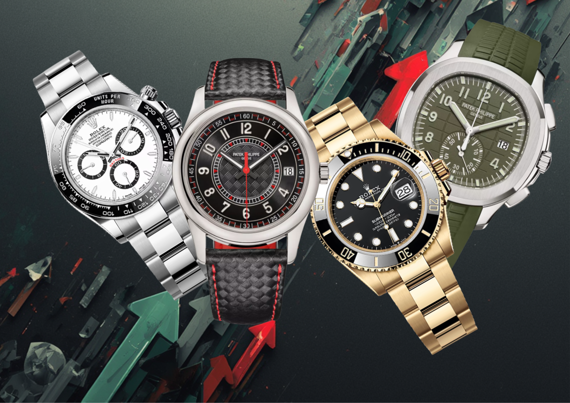 Rolex and Patek Philippe sports models including Daytona and Aquanaut displayed side by side