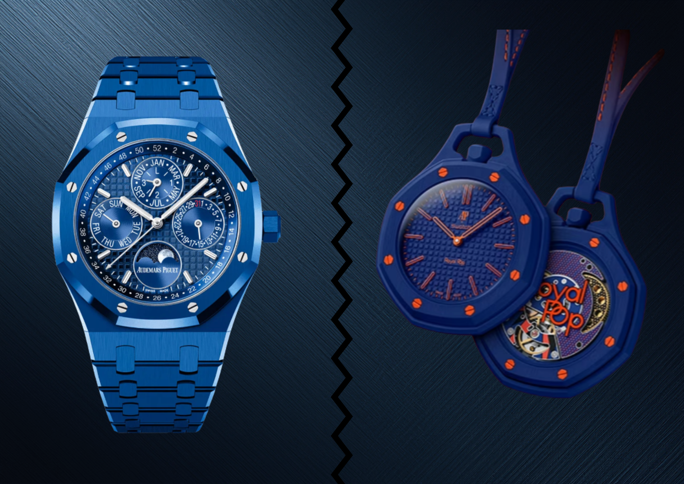 Alt Text: Comparison between the Audemars Piguet Royal Oak and Swatch Royal Pop.