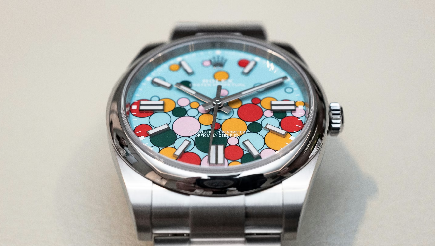 Rolex Oyster Perpetual Celebration dial close-up stainless steel