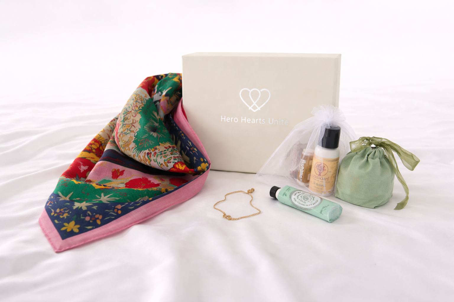 Silken Grace comfort gift box with silk / wool scarf necklace and self care essentials thoughtful wellness recovery or cancer support gift for women