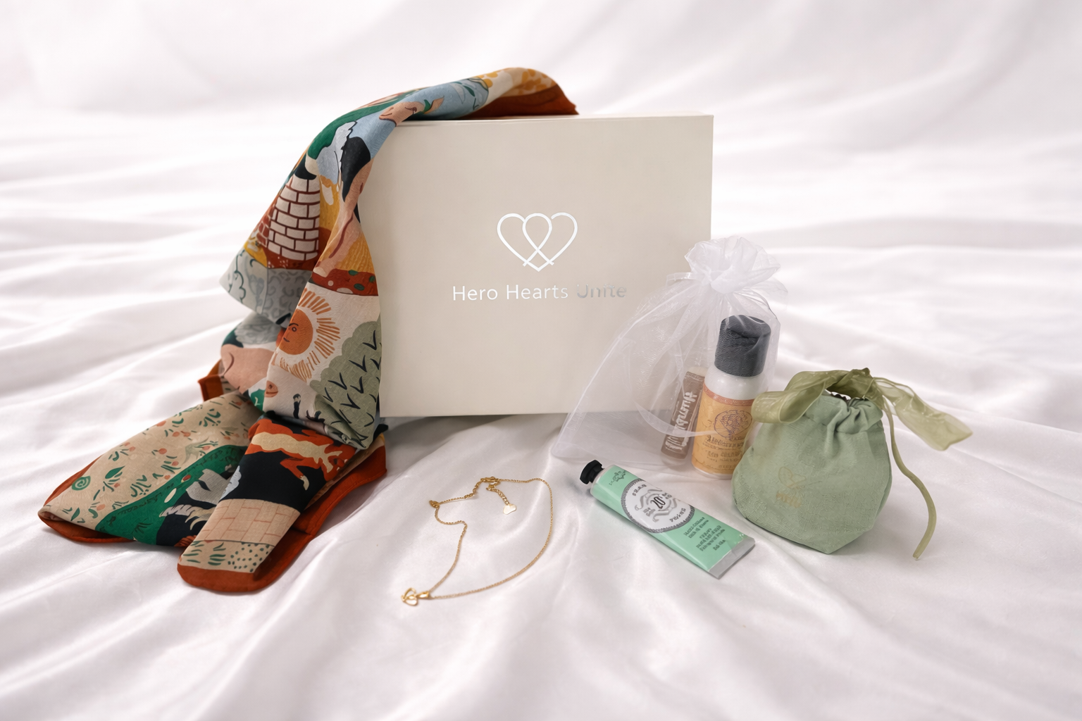 Silken Grace comfort gift box with silk / wool scarf bracelet and self care essentials thoughtful wellness recovery or cancer support gift for women