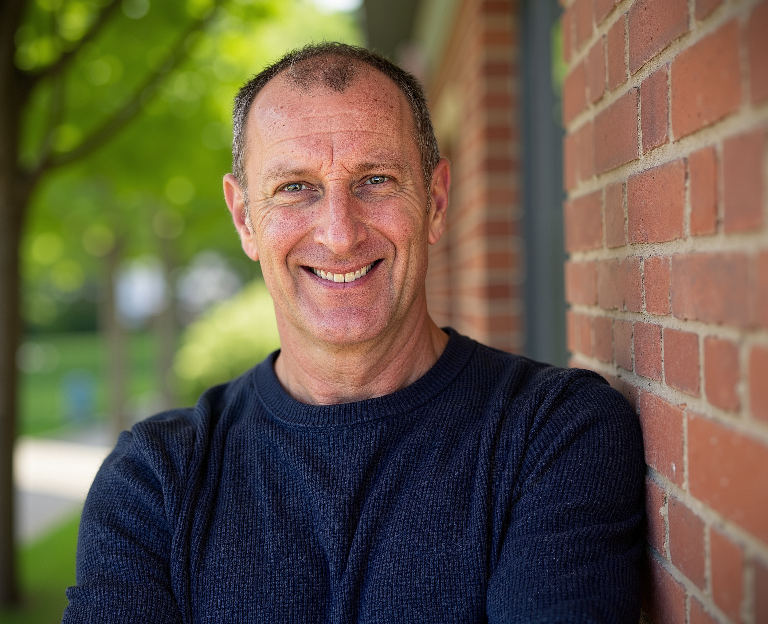 Smiling man leaning against brick wall outdoors with green trees in the background.