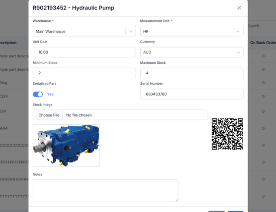 Screenshot of a computer interface for managing hydraulic pump inventory, showing details like warehouse, measurement unit, unit cost, stock levels, serial number, a photo of a blue hydraulic pump, and a QR code.