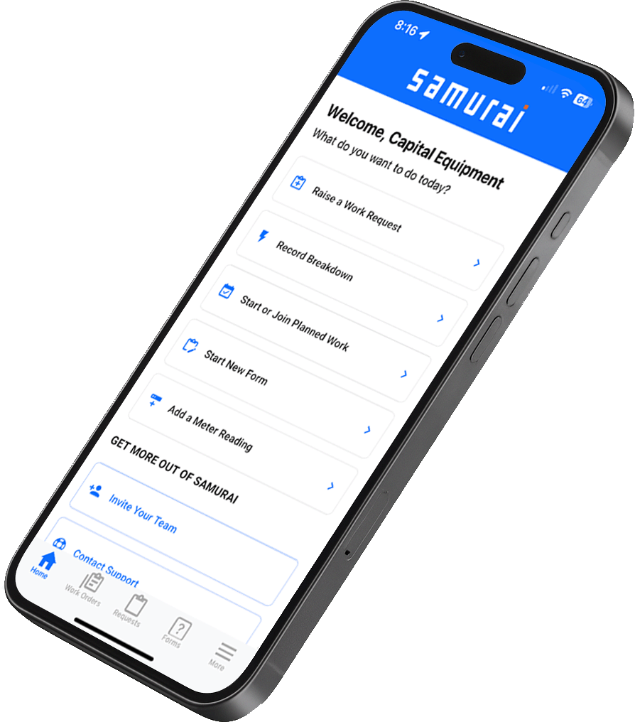 A smartphone displaying the Samurai CMMS maintenance app dashboard, showing options such as Raise a Work Request, Record Breakdown, Start or Join Planned Work, Start New Form and Add a Meter Reading, against an orange gradient background.