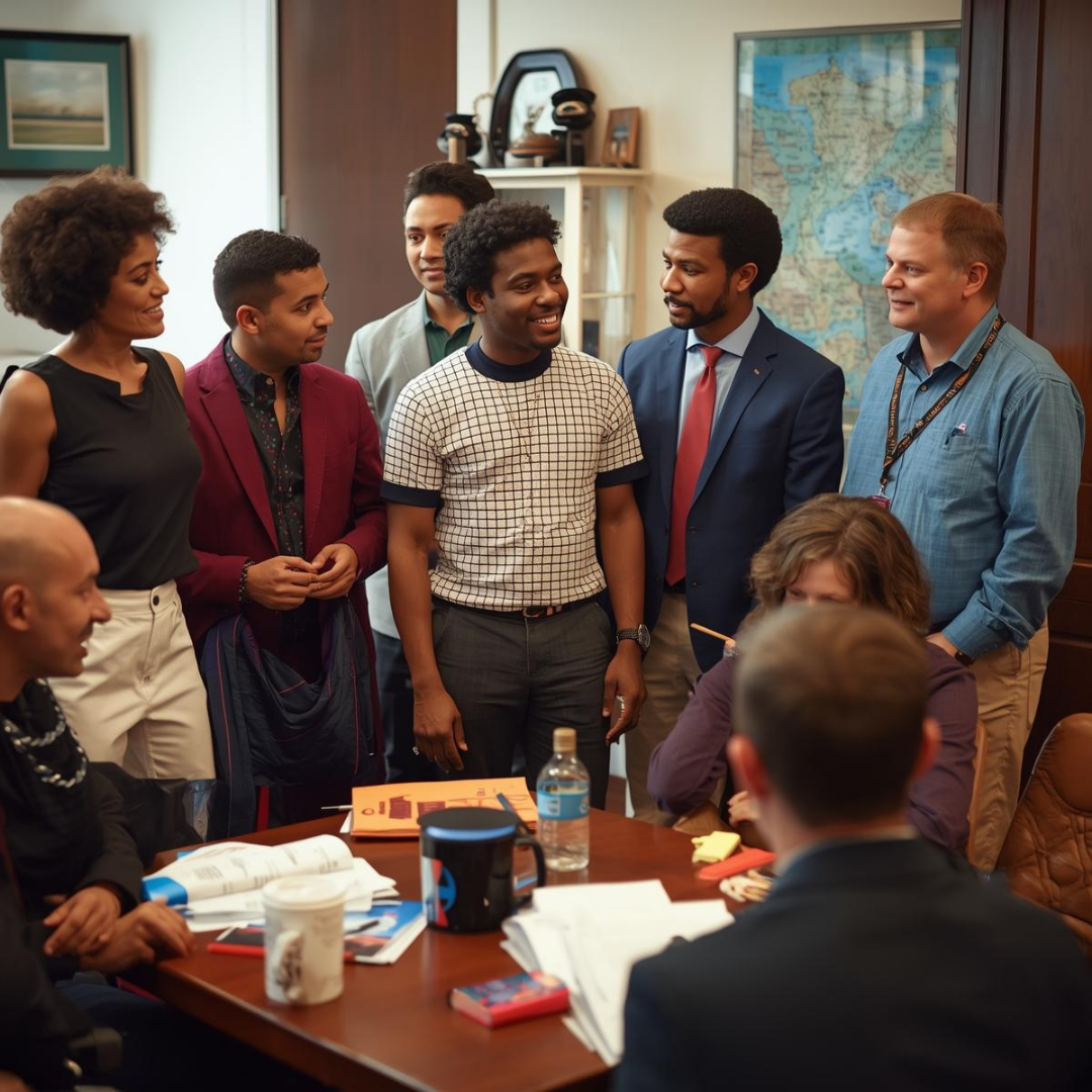 Group of diverse people in a meeting room, standing and sitting around a table, engaging in conversation, with a world map on the wall.