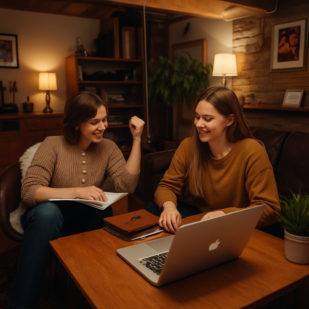 Two women sitting at a wooden table, smiling and talking cheerfully, with a laptop, notebooks, and a potted plant in a cozy, warmly lit room.