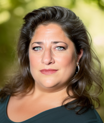 Close-up portrait of a woman with wavy dark hair and piercing blue eyes, outdoors with blurred green foliage in the background.
