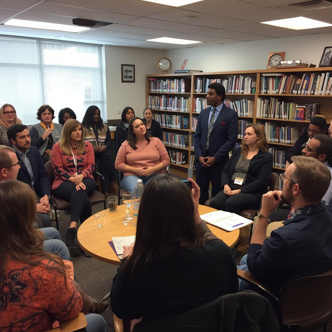 A diverse group of people seated in a semi-circle around a table in a library, listening to a man in a suit who is standing and speaking. Bookshelves with books are in the background.