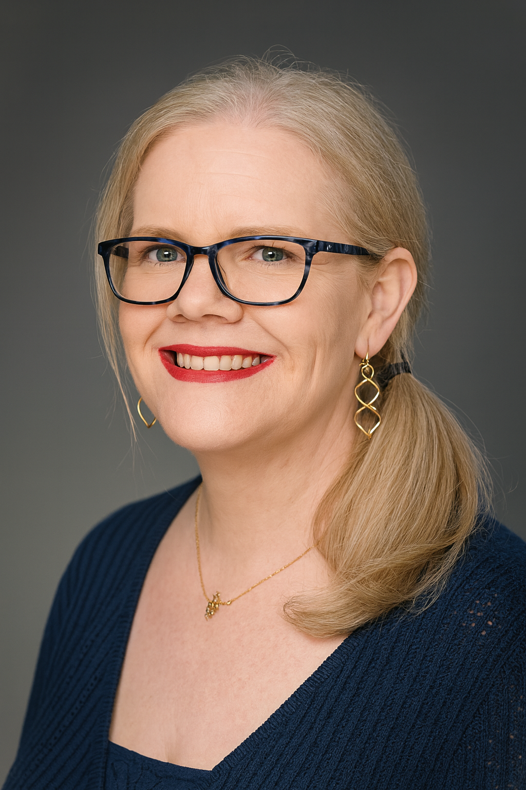 A portrait of a middle-aged woman with blonde hair, wearing glasses, red lipstick, gold earrings, a gold necklace, and a blue top, smiling against a gray background.
