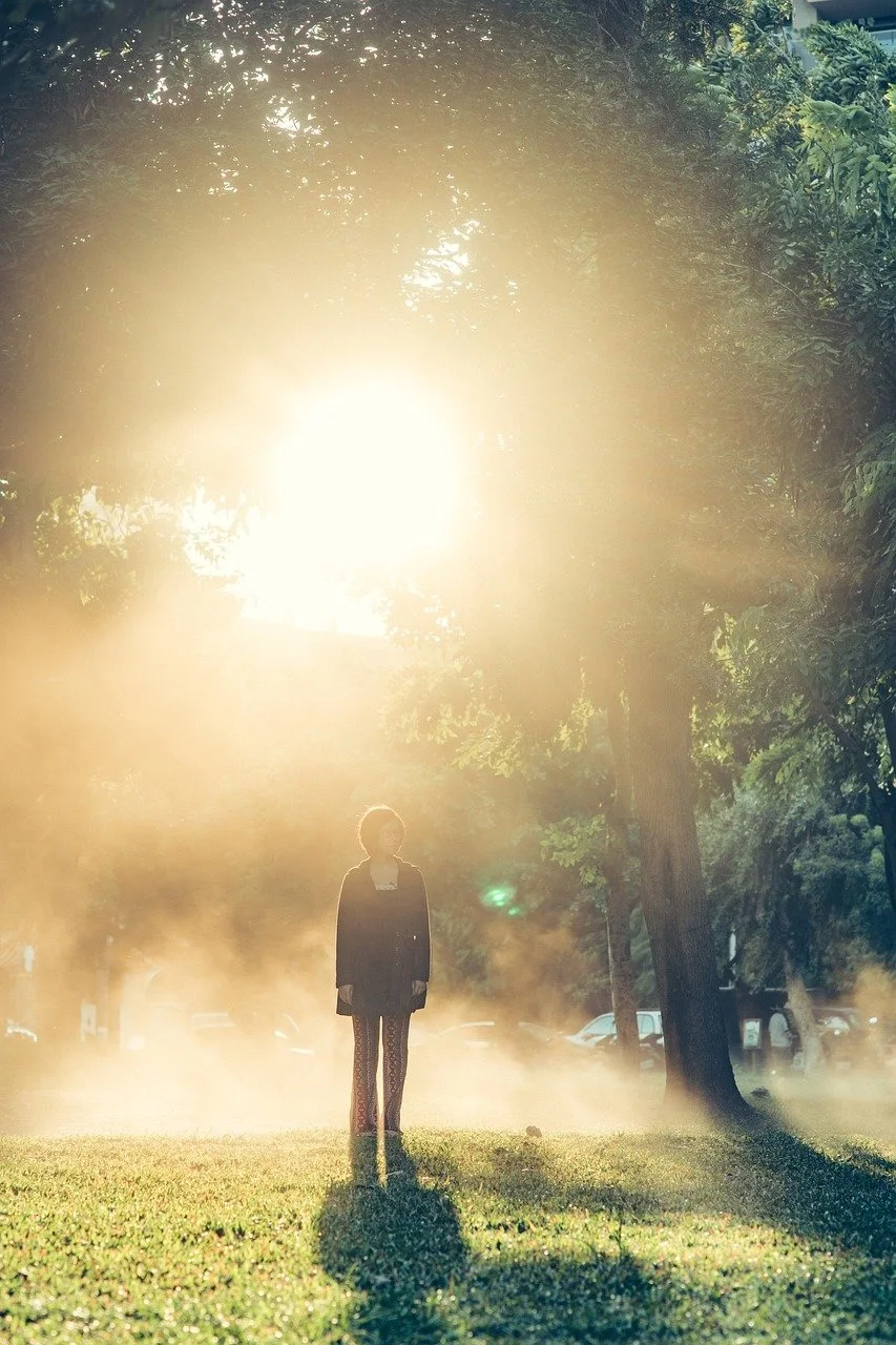 A person standing outdoors on a grassy area, backlit by bright sunlight filtering through trees, casting a long shadow.