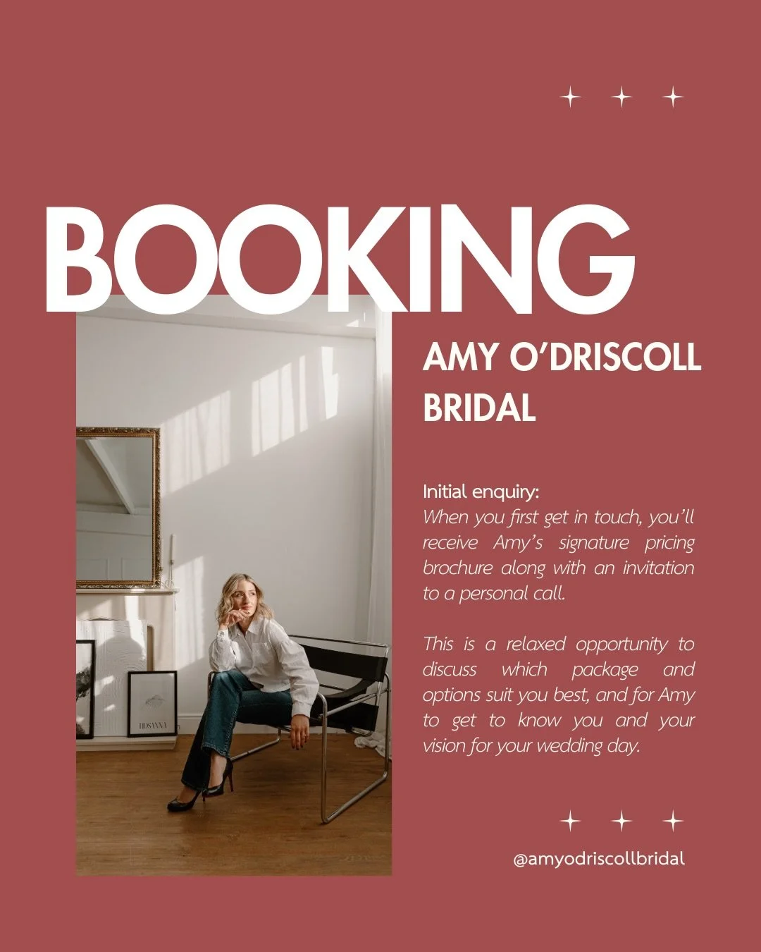 Wondering how you can book me for your big day? 🤍

Here is the full break down of my booking service, personalised to each bride to ensure a bespoke, seamless experience is provided. 

If you have any more questions don&rsquo;t hesitate to reach out