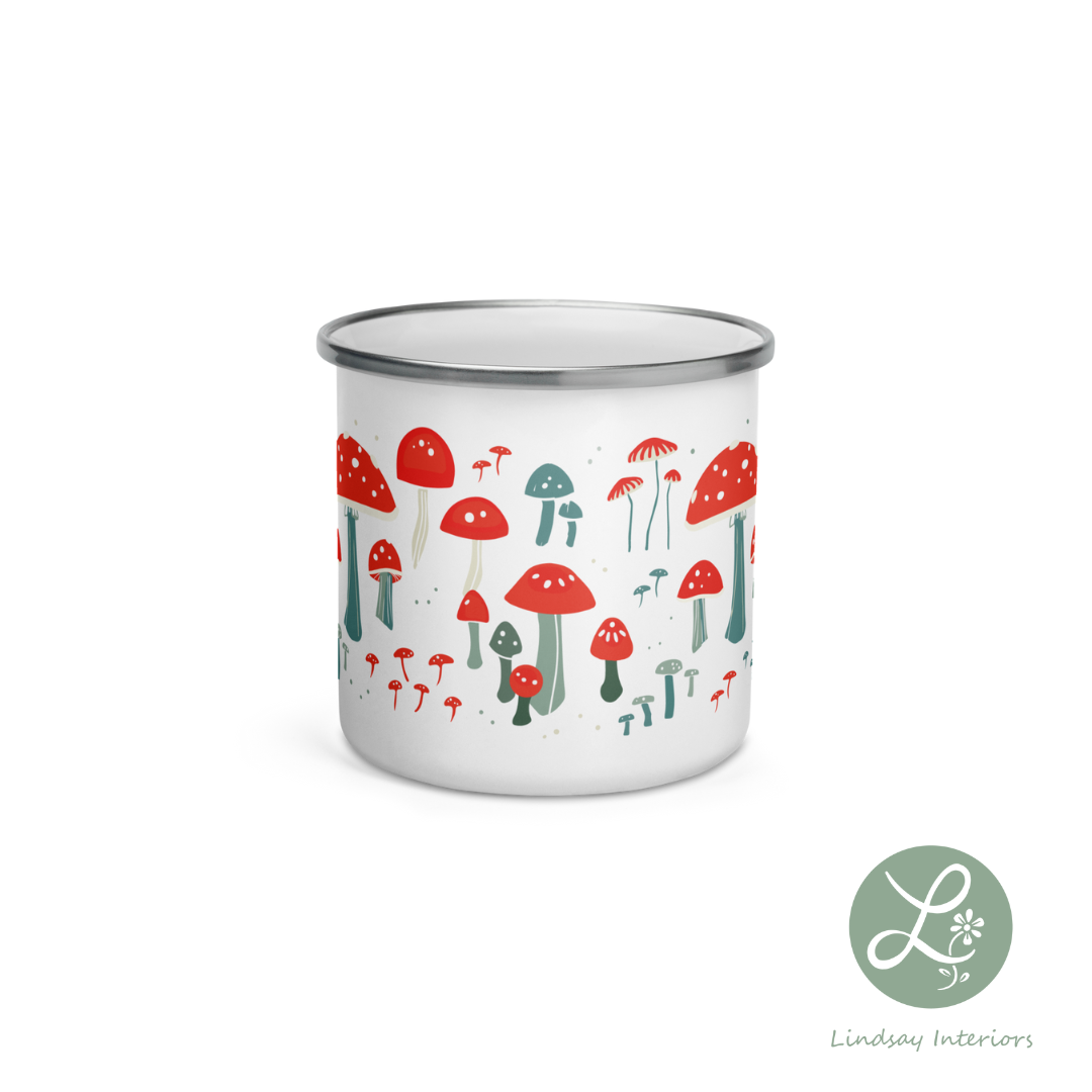 red cap mushroom on 0oz enamel camp mug