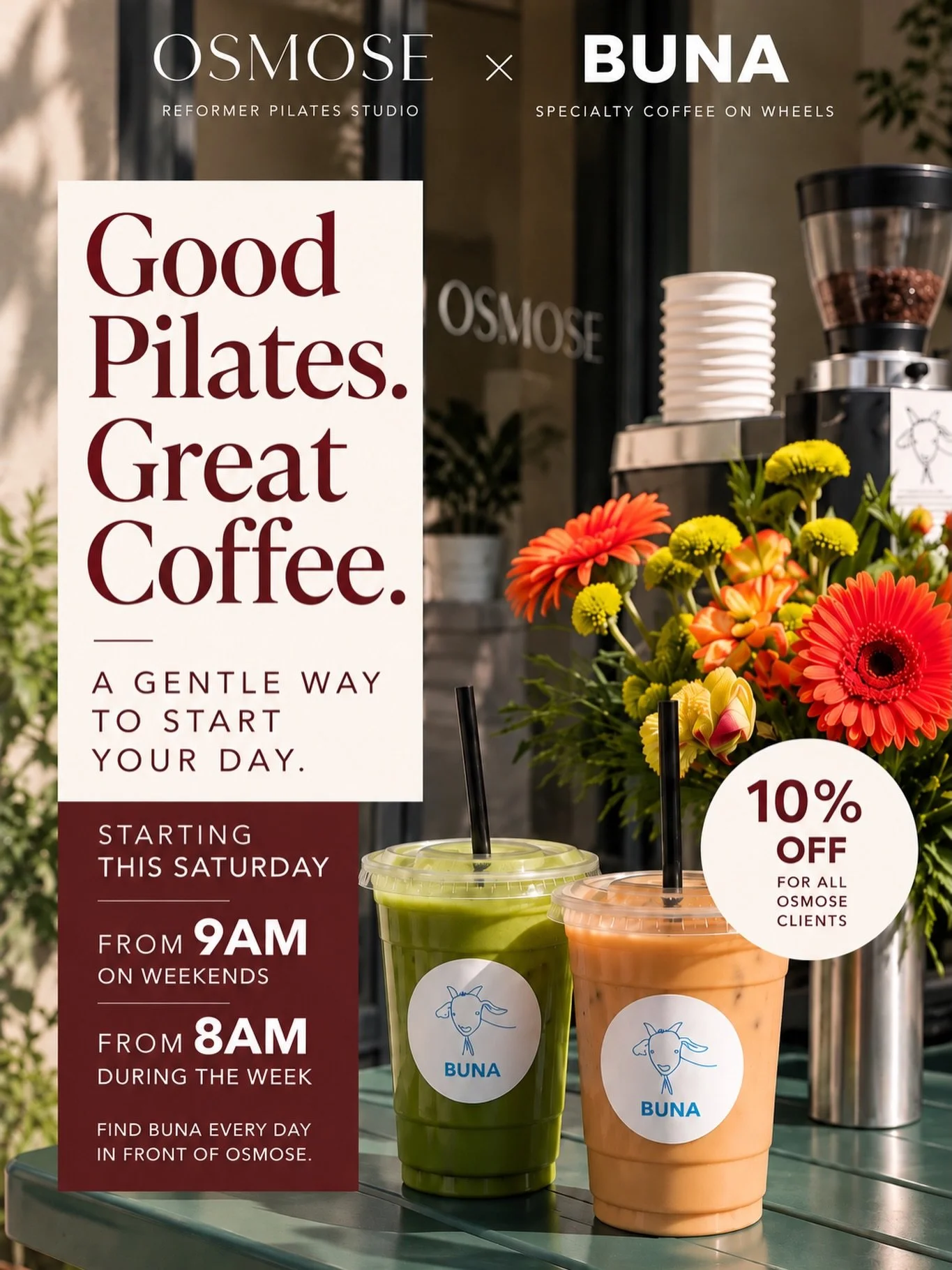 Good Pilates. Great Coffee. ☕️🤎

We&rsquo;ve been working on something new for your OSMOSE mornings&hellip;

Starting this Saturday, BUNA is joining OSMOSE ✨
Your new coffee stop, right in front of the studio.

☕️ Weekdays from 8AM
☀️ Weekends from 