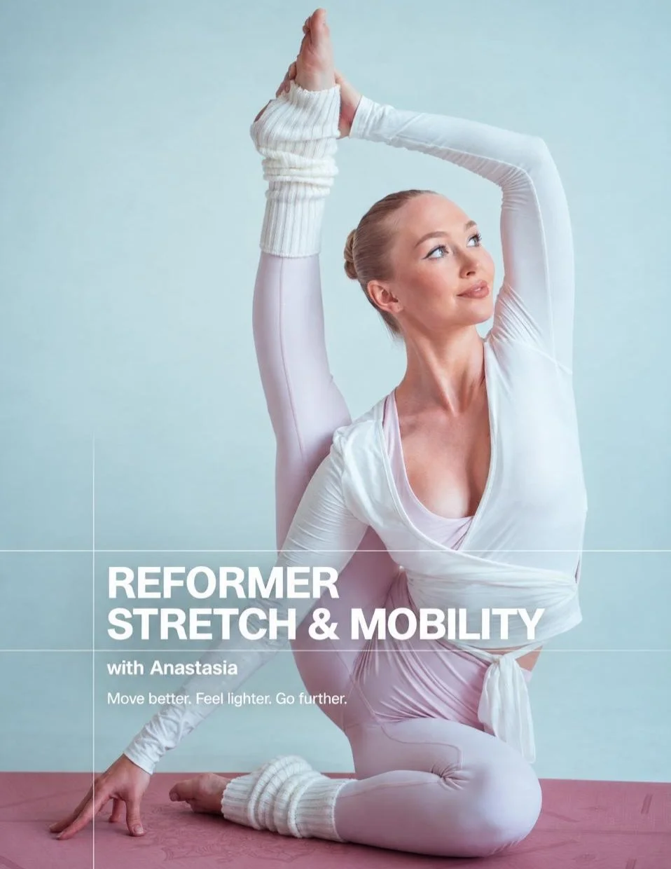 A new class for the bodies that sit all week.
Reformer Stretch &amp; Mobility with Anastasiia is slower and more supported than our regular classes. Straps and springs carry the weight so you can work on spinal articulation, hip opening and releasing