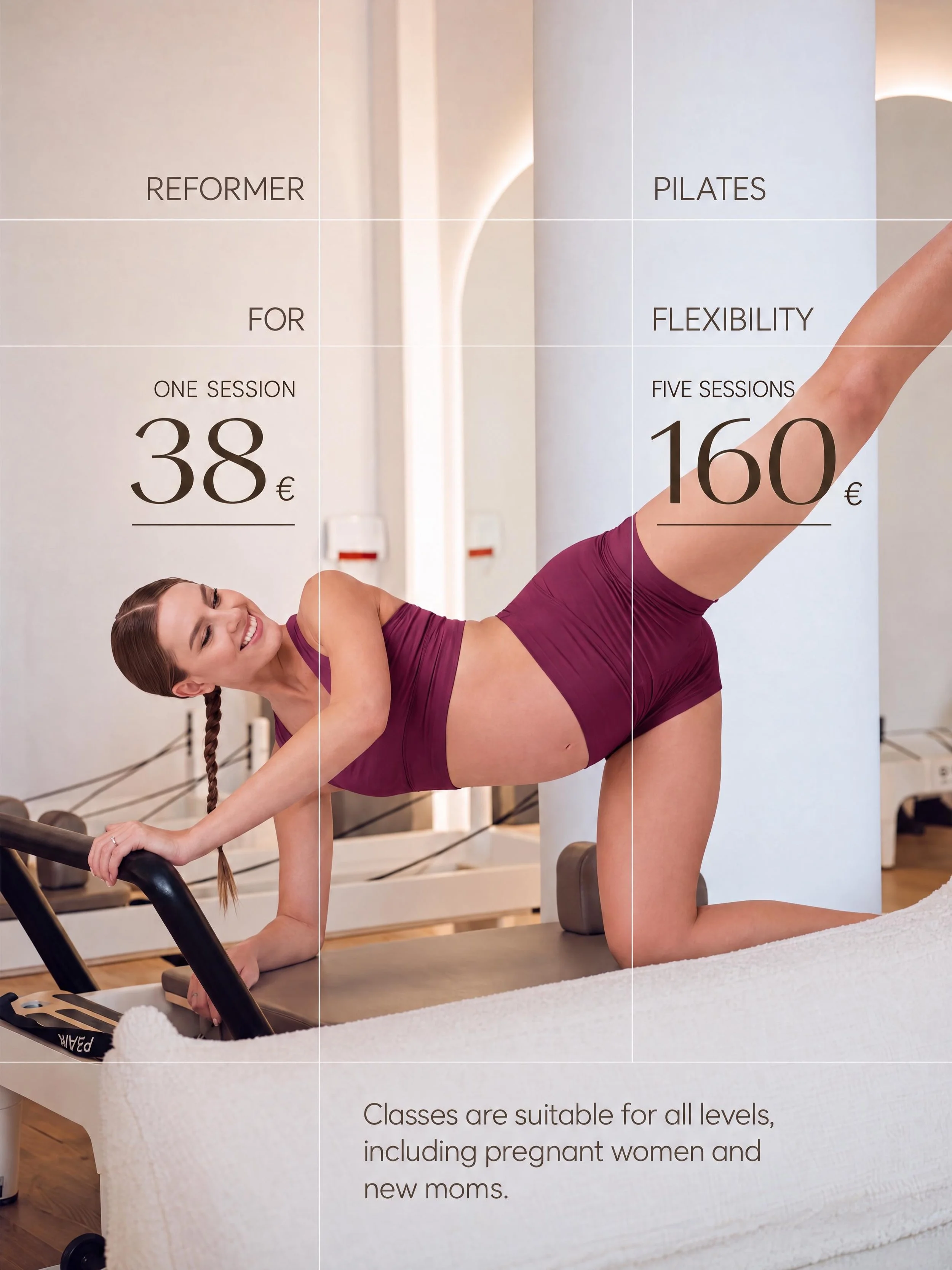 Every body, every stage.

Reformer Pilates in Luxembourg adapts to the person on the carriage. Springs, straps and box height change with you, which is why our classes suit complete beginners, experienced clients, pregnant women and new mothers alike