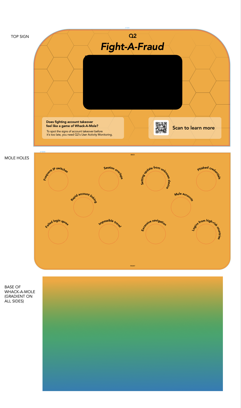 design work for an interactive whack-a-mole experience that translated fraud detection concepts into an engaging physical activation. My role included creative concepting, environmental graphics, game wrap design, messaging development, and productio