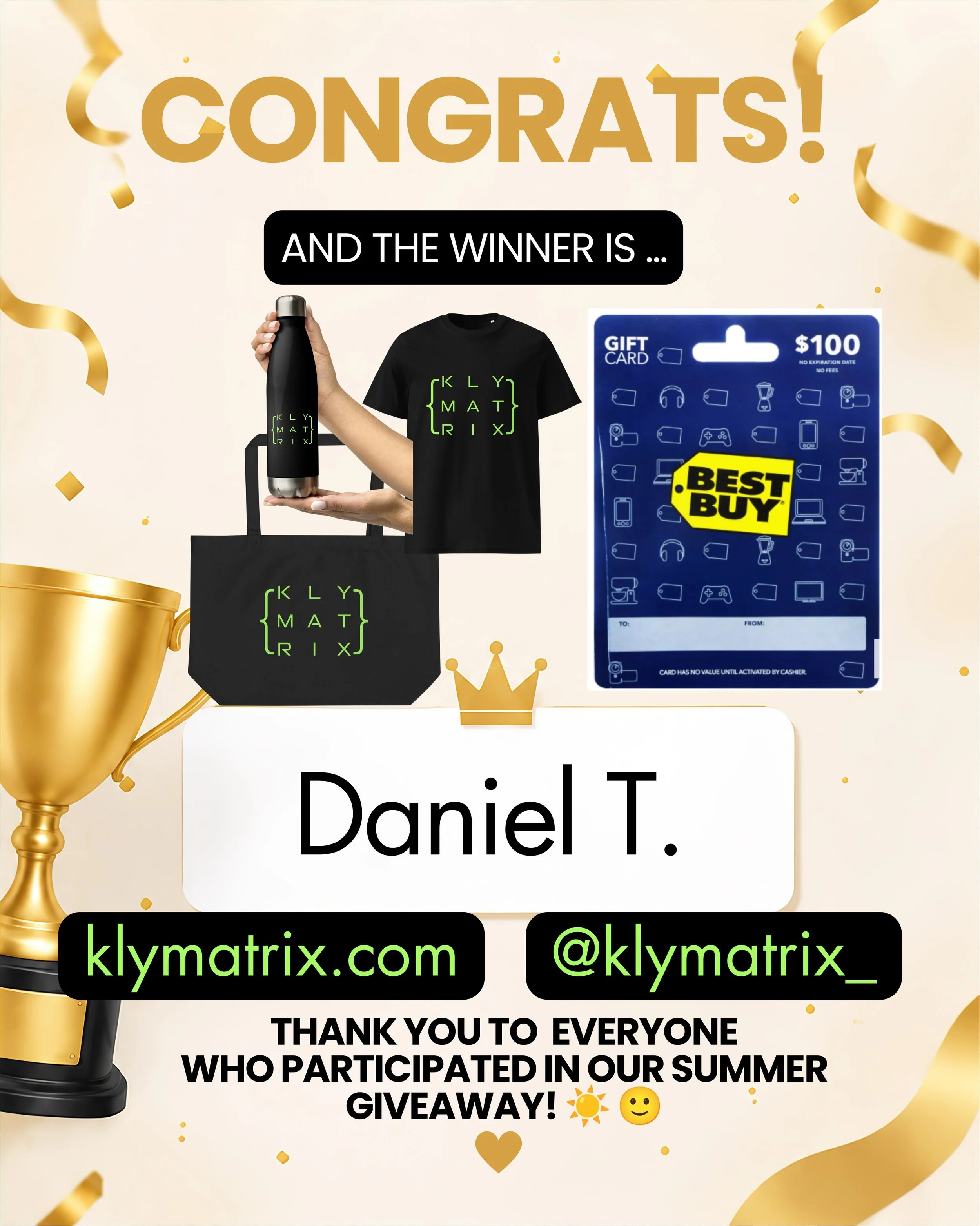 Big time congratulations to Daniel T., who was the lucky winner in our Klymatrix Summer 2026 Gear + $100 Best Buy gift card giveaway!🎉🎁

We were amazed by the 50,000+ entries we received for this epic giveaway and really appreciate the support from