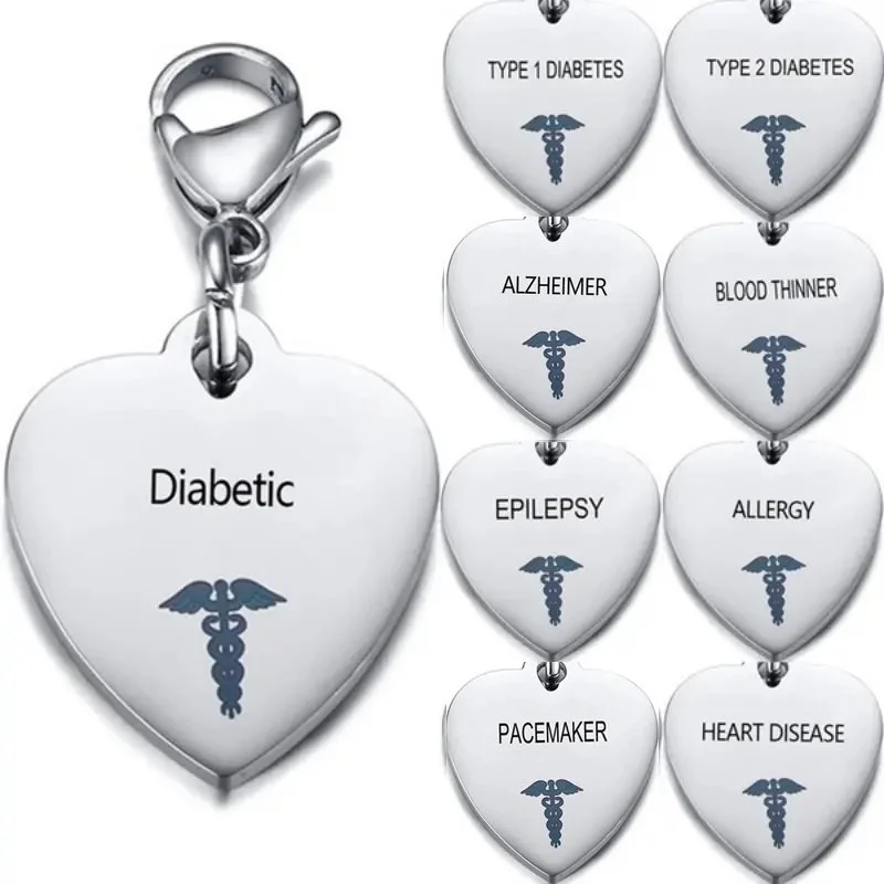 Flat Medical Alert Heart Charm – Multiple Conditions Available – Emergency ID Pendant