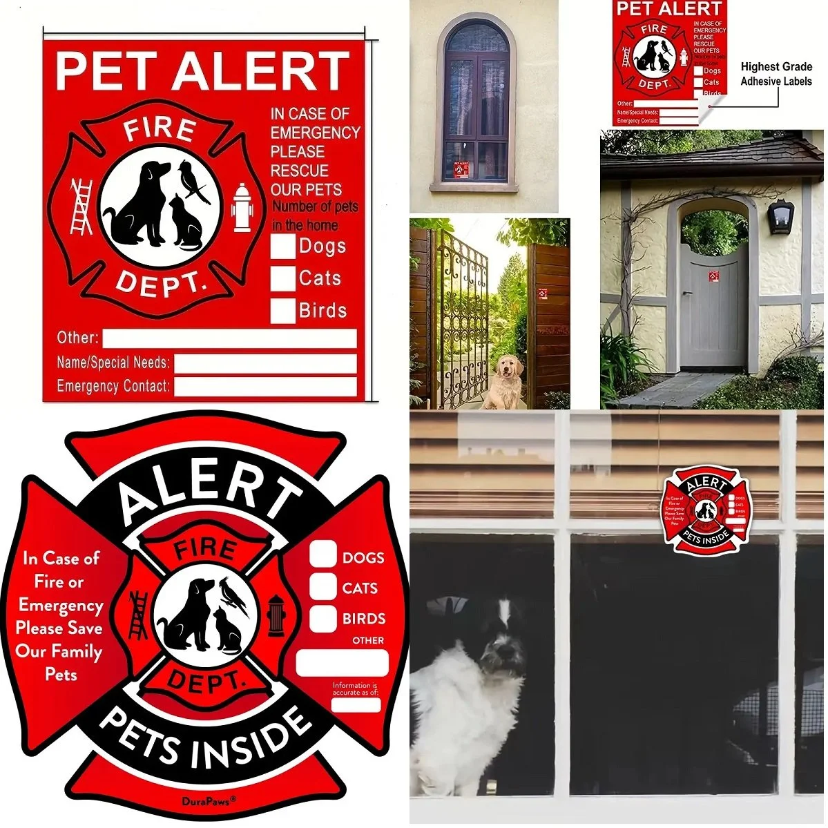 Pet Alert Fire Rescue Safety Sticker – Emergency Pets Inside Window or Door Decal – 2 Styles Available