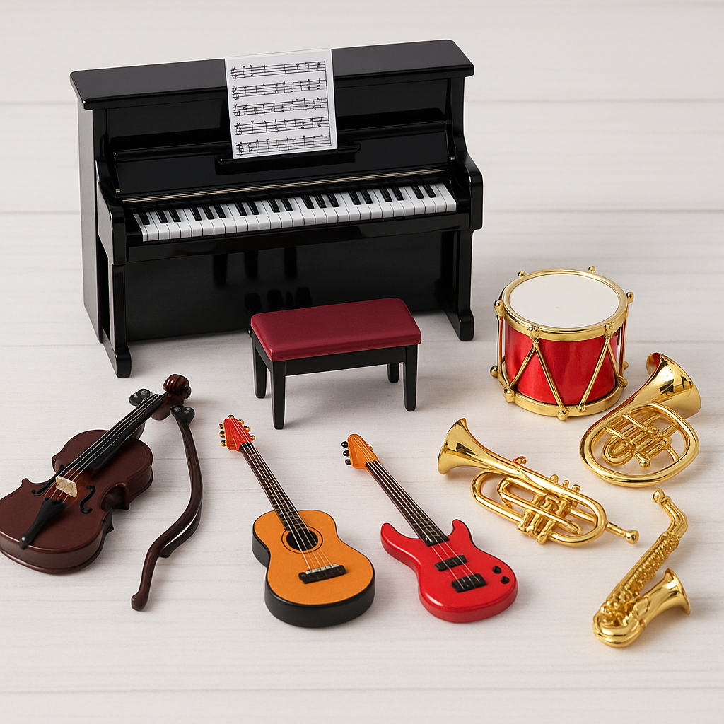 Dollhouse 1/12 Scale Miniature Musical Instrument Set – Piano, Guitars, Violin, Drum & Brass Ensemble