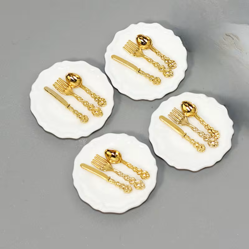 Dollhouse Ceramic Plate with Silverware – Miniature Dining Place Setting 1/12 Scale