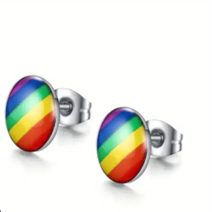 Rainbow Pride Stud Earrings – Stainless Steel LGBTQ+ Gay Lesbian Jewelry Gift & Support