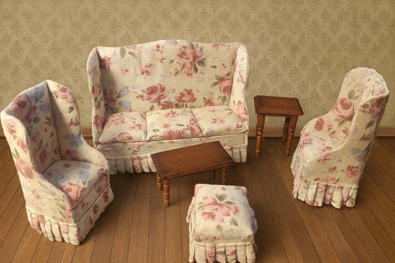 Dollhouse Complete Dollhouse Living Room Vintage Floral 6 Pc Set – Victorian Sofa, Wingback Chairs, Ottoman & Tables – 1/12 Scale (Open Box)