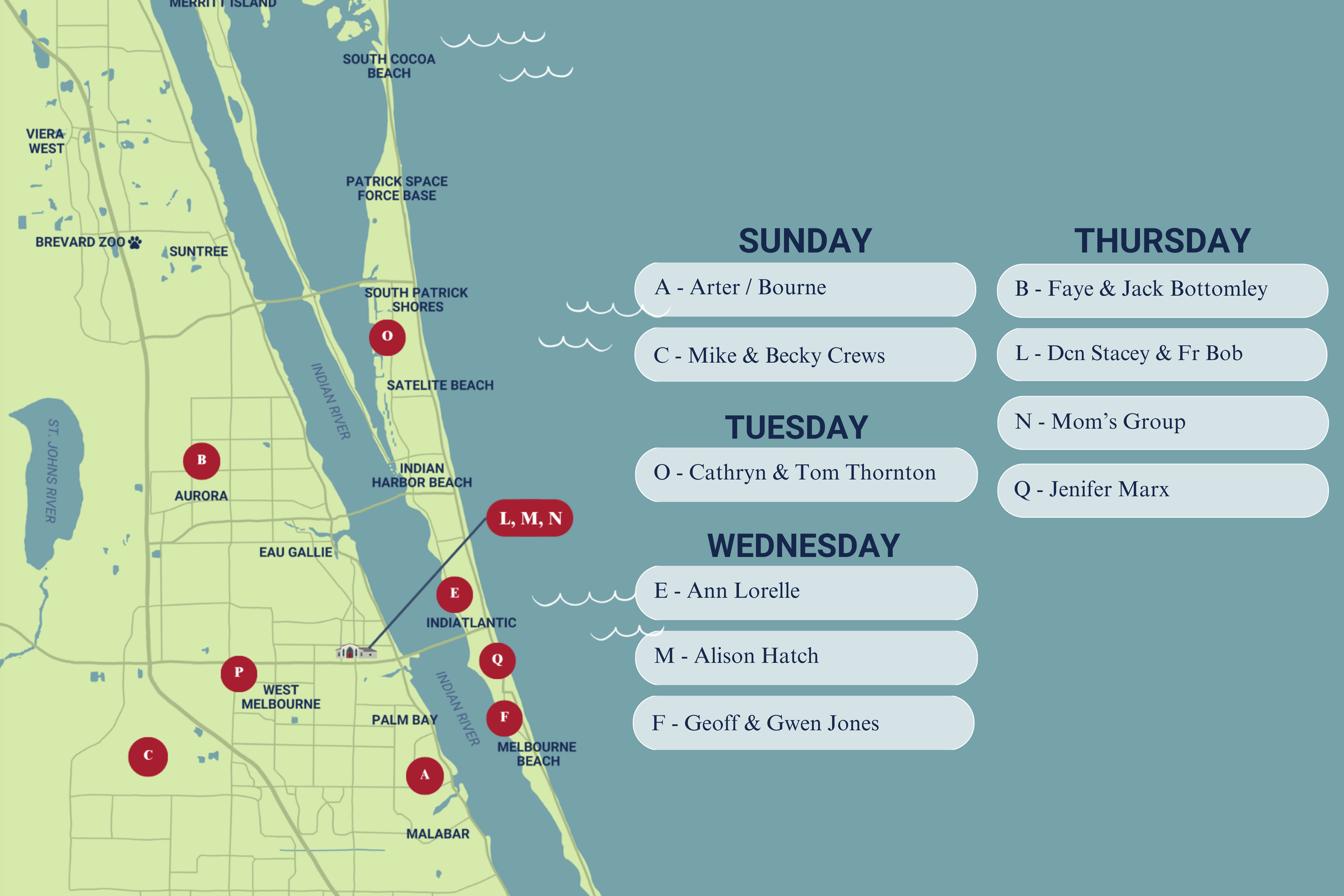 Map of a coastal area showing landmarks such as South Cocoa Beach, Patrick Space Force Base, and Melbourne Beach, with locations marked with letters and corresponding list of names and individuals.