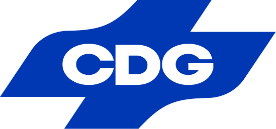 Logo with the letters 'CDG' in white over a blue background with a stylized lightning bolt design.