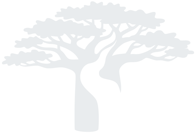 Stylized silhouette of a large, baobab tree with a thick trunk and expansive branches.