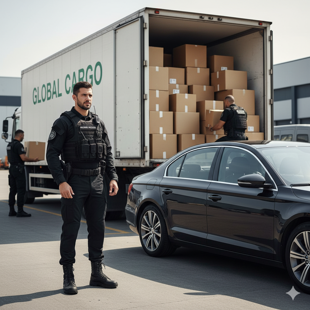 Agentes de seguridad supervisan la carga de cajas en un camión de mudanzas en un estacionamiento, con coches negros aparcados cerca.