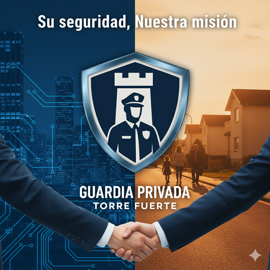 Mural de seguridad de la Guardia Privada Torre Fuerte con un escudo y un policía, con fondo de ciudad y casas, manos en apretón de manos.