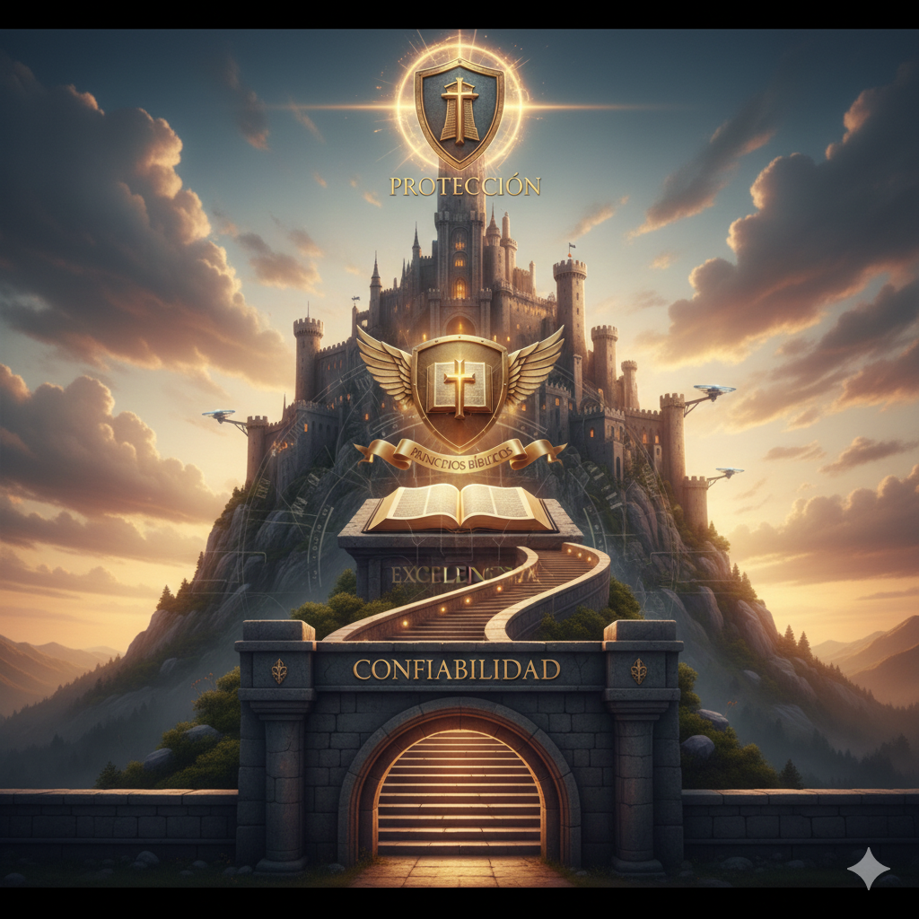 Castillo en una montaña con un camino que lleva a una puerta, con símbolos religiosos y palabras como protección, confiabilidad, principios bíblicos y excelencia, en un cielo con nubes y aves volando.