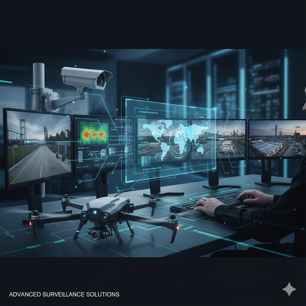 Configuración moderna de monitoreo y vigilancia con múltiples pantallas, drone, cámaras y gráficos digitales en un entorno tecnológico avanzado.