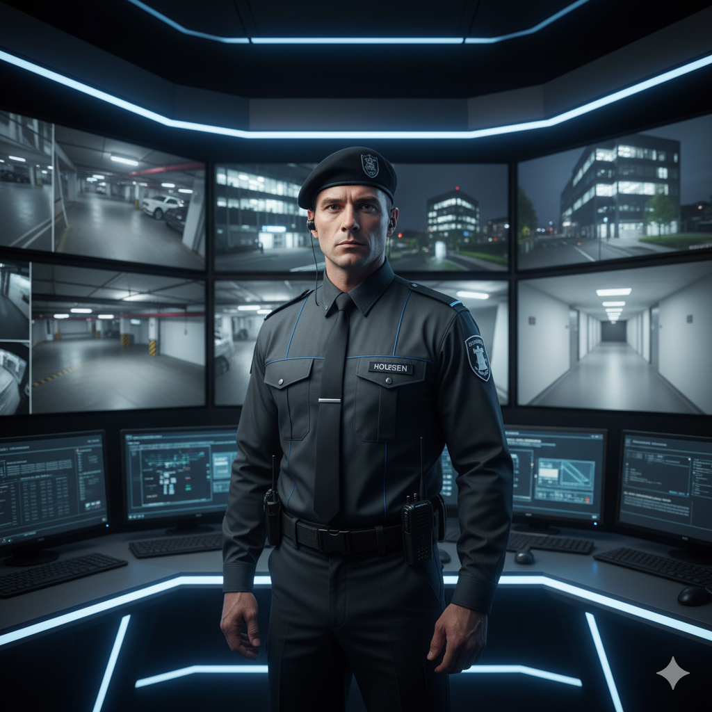 Un oficial de policía de pie en una sala de control con múltiples pantallas que muestran cámaras de seguridad y exteriores de un edificio en la noche.