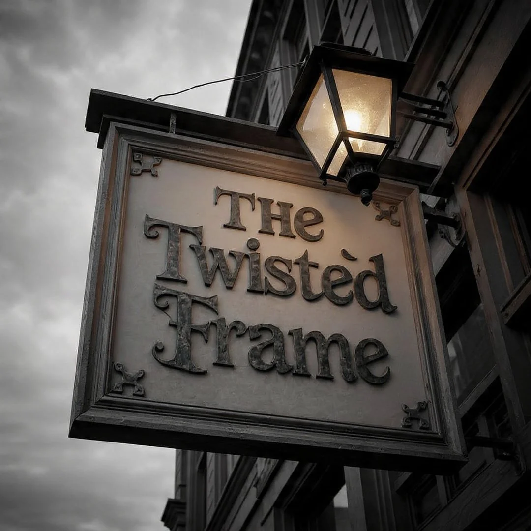Sign for The Twisted Frame with a lantern light above in black and white.