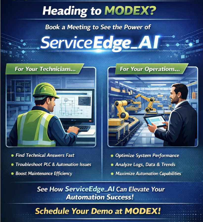 Promotional flyer for ServiceEdge_AI at MODEX trade show, highlighting benefits for technicians and operations, including troubleshooting, system optimization, analyzing data, and automation capabilities. Features illustrations of a technician working on a computer and a manager inspecting robotic arms in a warehouse, with a call to schedule a demo.