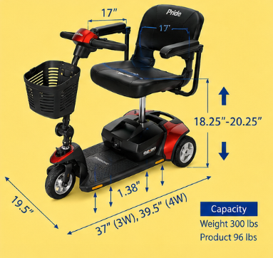 A power mobility scooter with a black seat, a front basket, and red and black body. It has a handlebar for steering, a seat height adjustable between 18.25 and 20.25 inches, and a total length of 37 inches. The scooter's width is 19.5 inches, with a seat width of 17 inches, and a deck length of 19.5 inches. It supports a weight capacity of 300 pounds.