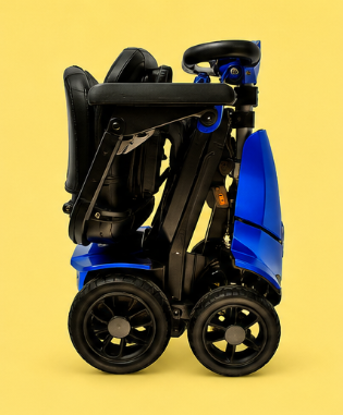 A folded blue and black mobility scooter against a yellow background.