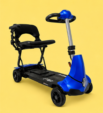 Electric mobility scooter with a blue front, black seat, and yellow background.