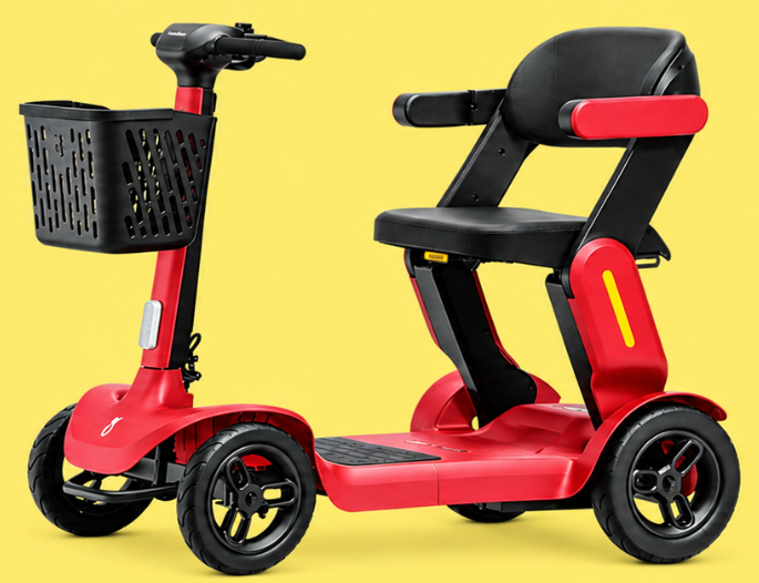 Red four-wheeled mobility scooter with a black seat and a front basket, set against a yellow background.
